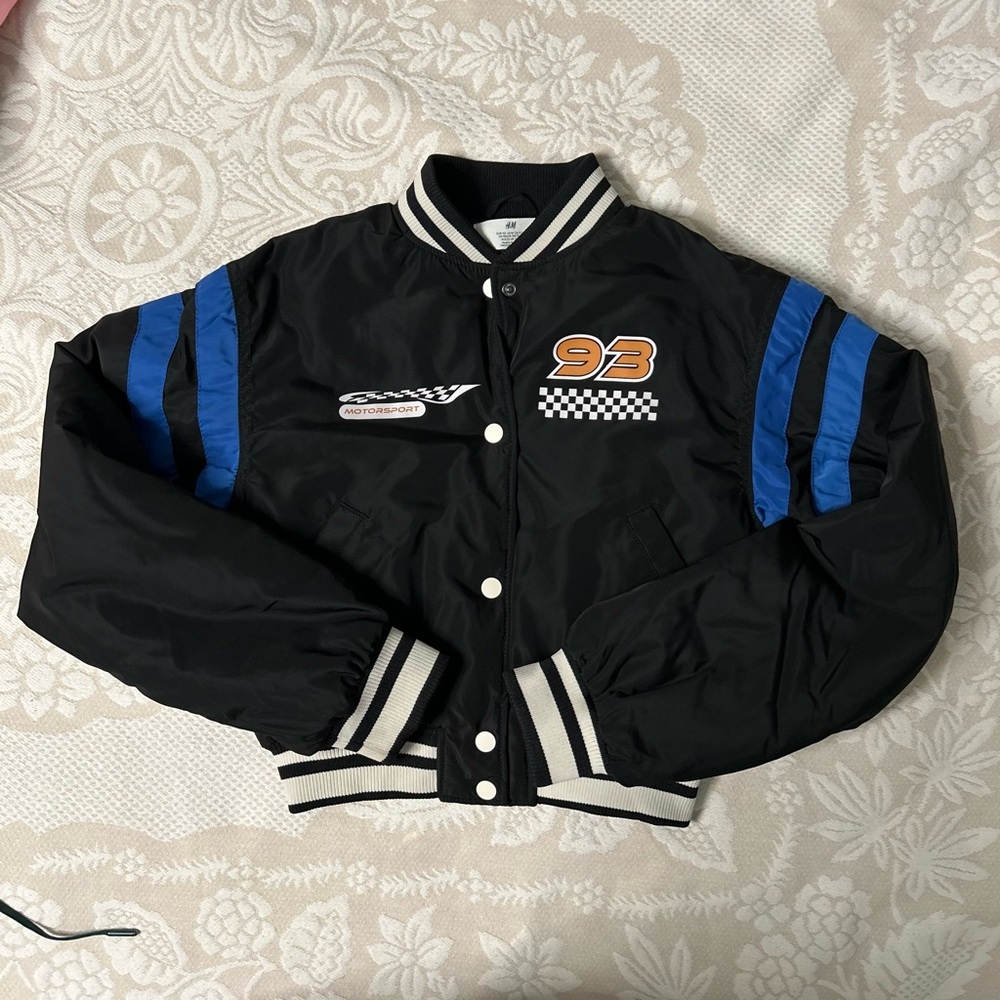 H&M Black Jacket with Blue Accents and Racing Details